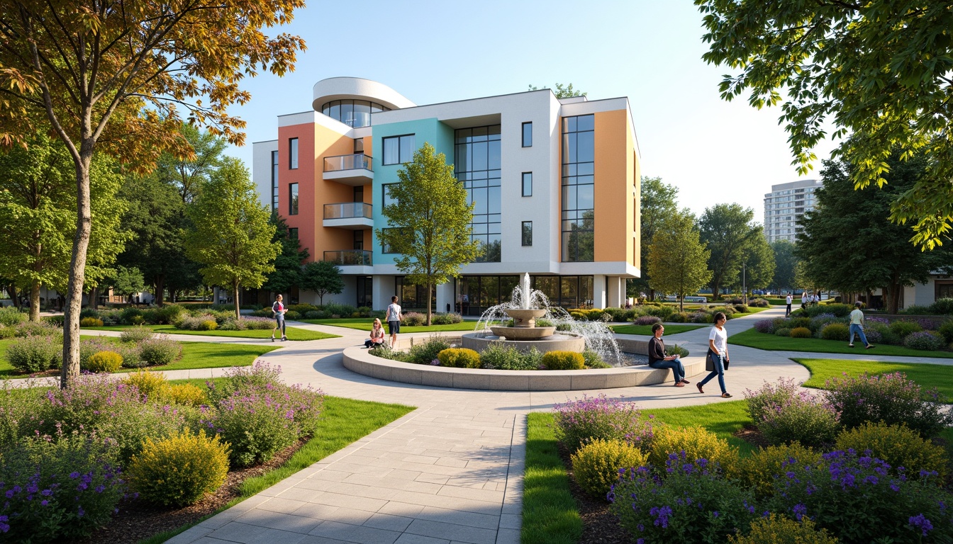 Prompt: Vibrant public administration building, modern architectural design, lush greenery, blooming flowers, manicured lawns, walking paths, benches, ornamental fountains, natural stone walls, water features, urban forest, cityscape views, sunny day, soft warm lighting, shallow depth of field, 3/4 composition, panoramic view, realistic textures, ambient occlusion.