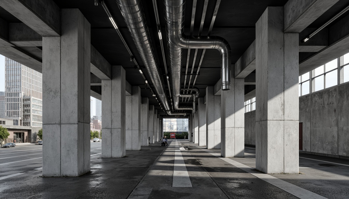 Prompt: Industrial concrete walls, exposed ductwork, metallic beams, urban cityscape, modern brutalist architecture, rough unfinished surfaces, monochromatic color palette, dramatic shadows, high contrast lighting, 1/2 composition, close-up shot, realistic textures, ambient occlusion.