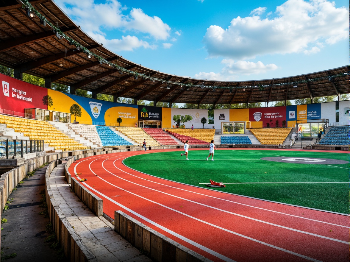 Prompt: Vibrant sports fields, eclectic mix of materials, contrasting textures, artificial turf, natural grass, weathered wood benches, metallic goalposts, colorful rubber tracks, bold graphic patterns, dynamic lighting, dramatic shadows, 1/1 composition, low-angle shot, realistic reflections, ambient occlusion, sunny day, soft warm atmosphere.