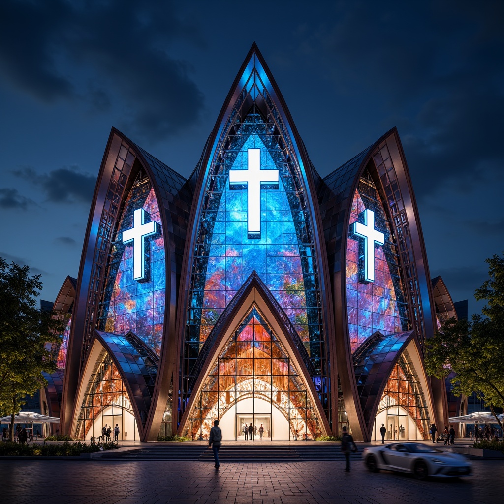 Prompt: Futuristic church facade, neon-lit crosses, iridescent stained glass windows, holographic projections, metallic mesh exteriors, parametric architecture, undulating curves, glowing LED accents, cantilevered roofs, angular lines, minimalist ornamentation, sustainable energy harvesting systems, solar panels, wind turbines, water conservation systems, green roofs, eco-friendly materials, innovative cooling technologies, shaded outdoor spaces, misting systems, futuristic sculptures, vibrant colorful textiles, intricate geometric motifs, 3/4 composition, panoramic view, realistic textures, ambient occlusion.