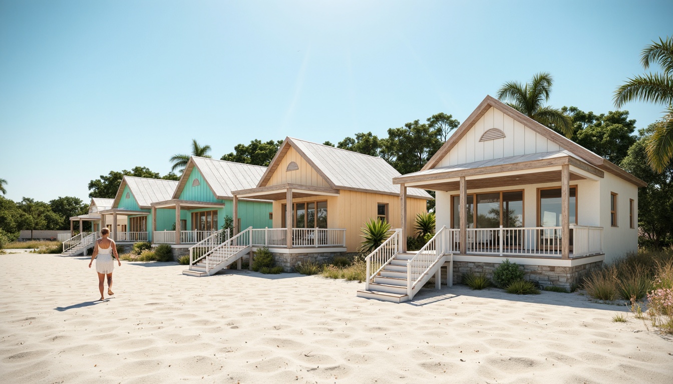 Prompt: Sandy beachside, oceanfront villas, pastel-colored facades, driftwood accents, sea-salt weathered roofs, nautical-themed decorations, calming turquoise hues, soft peach tones, creamy whites, warm beige textures, natural stone foundations, rustic wooden decks, sailboat-inspired railings, seaside promenades, gentle ocean breezes, warm sunny days, shallow depth of field, 1/1 composition, realistic renderings, ambient occlusion.