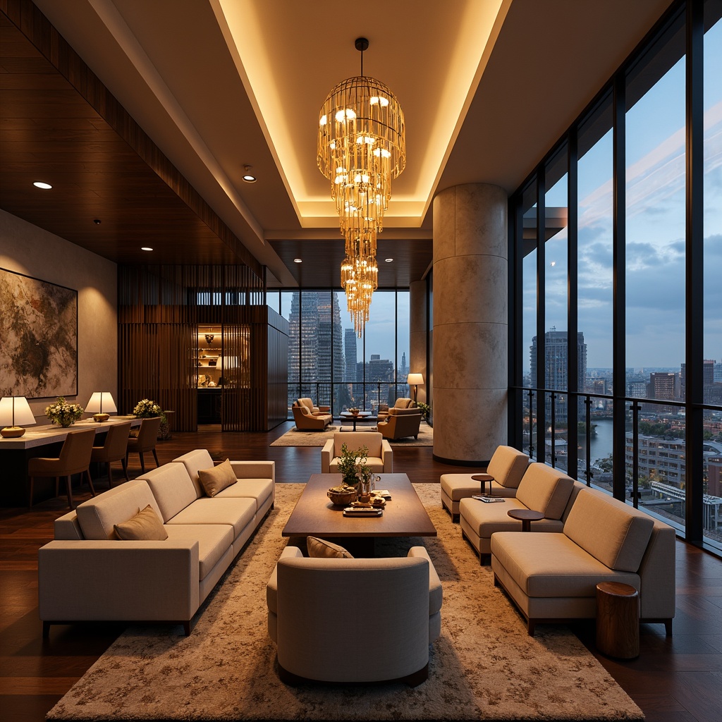 Prompt: Cozy living room, warm ambient lighting, soft glowing lamps, comfortable seating areas, rich wood tones, plush carpets, elegant chandeliers, subtle color temperatures, layered lighting effects, dramatic ceiling fixtures, modern minimalist decor, sleek metal accents, natural stone walls, floor-to-ceiling windows, panoramic city views, warm beige colors, inviting atmosphere, 1/1 composition, soft focus, realistic textures.