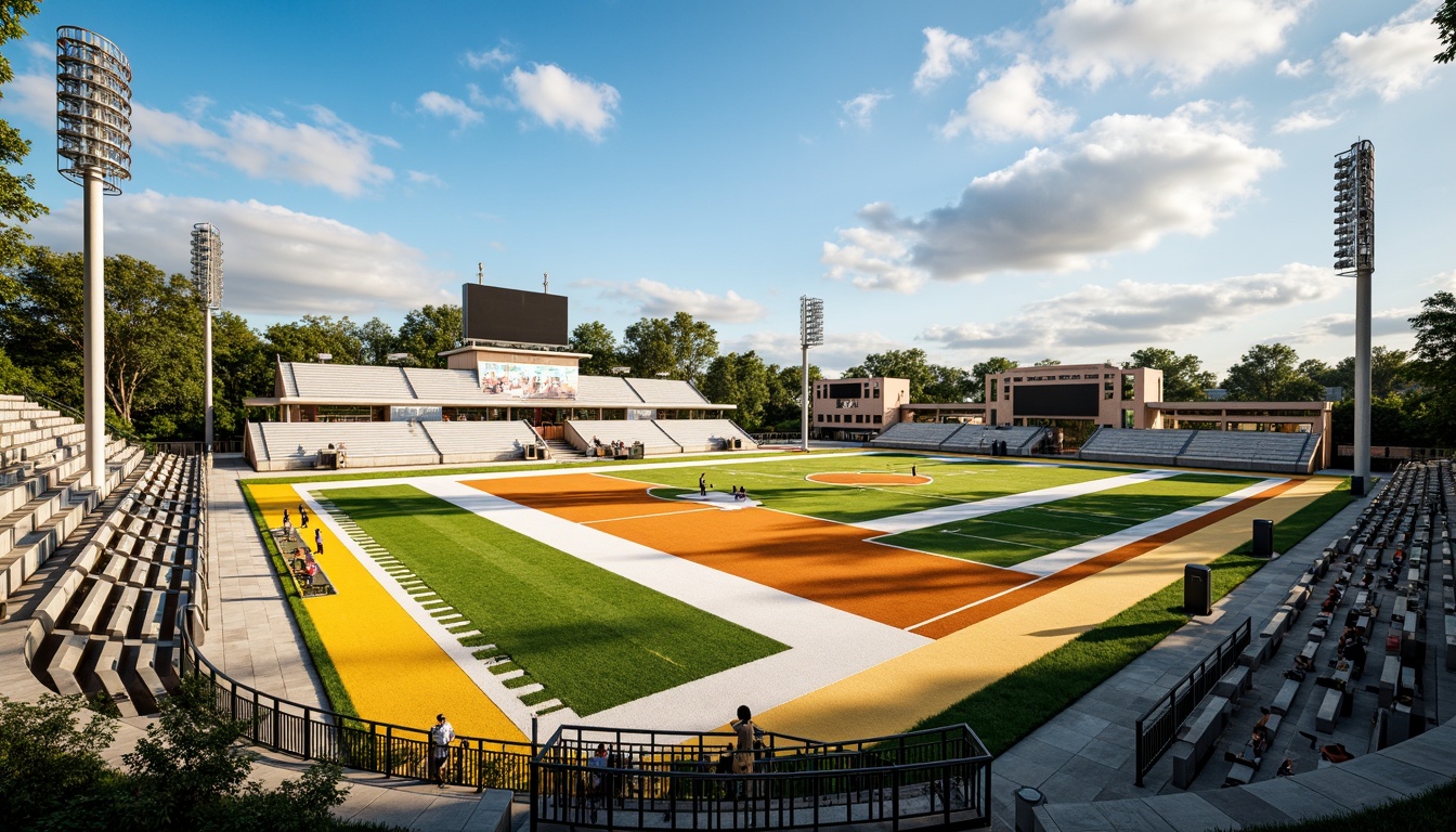 Prompt: Vibrant sports fields, eclectic mix of patterns, bold color blocking, dynamic shapes, irregular lines, abstract textures, modernist architecture, sleek metal bleachers, minimalist goalposts, avant-garde scoreboard designs, futuristic lighting systems, warm sunny day, shallow depth of field, 3/4 composition, panoramic view, realistic grass textures, ambient occlusion, scattered trees, winding walkways, ornate fencing, decorative gates, eclectic signage, abstract sculptures.