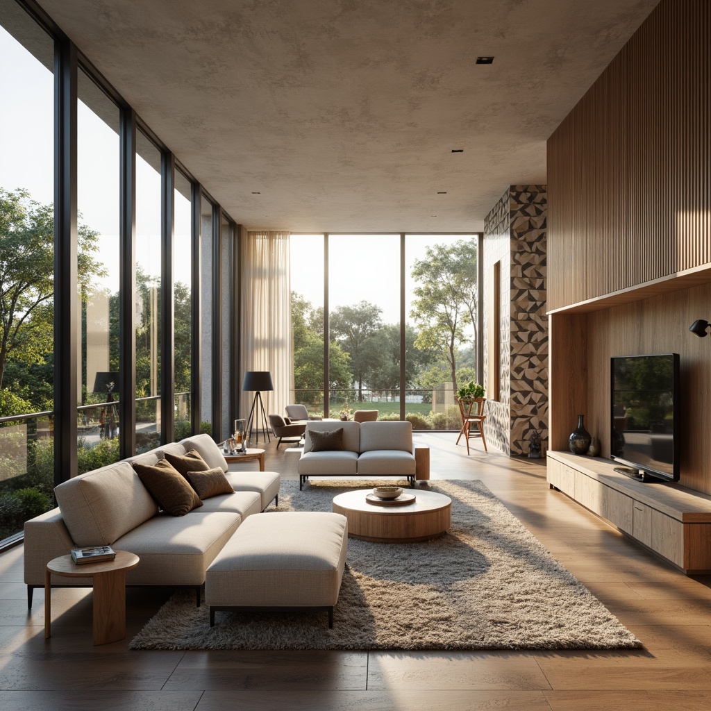 Prompt: Modern living room, sleek minimalist furniture, neutral color palette, natural textiles, wooden accents, floor-to-ceiling windows, abundant natural light, cozy reading nook, plush area rug, geometric patterned wallpaper, ambient warm lighting, 1/1 composition, shallow depth of field, realistic textures, soft focus blur.