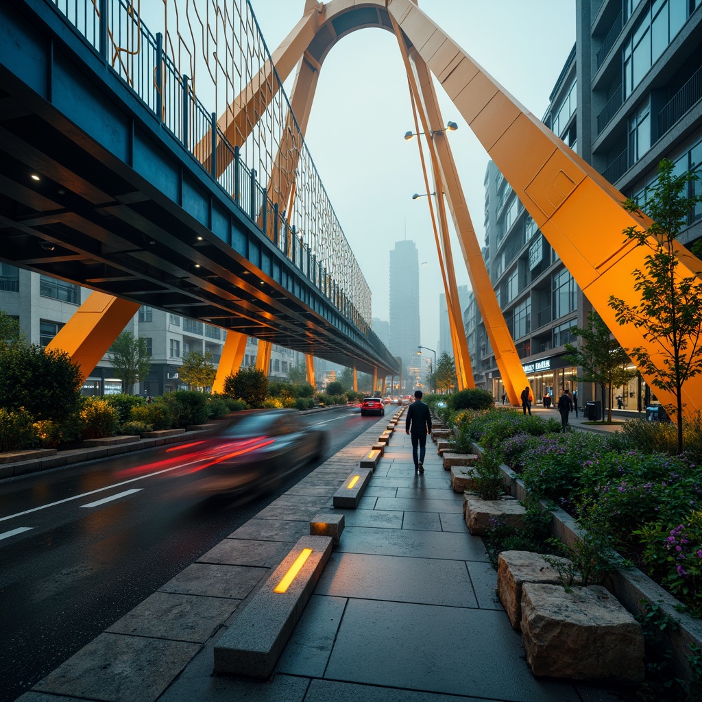 Prompt: Vibrant orange suspension cables, deep blue steel beams, warm golden lighting, misty atmospheric effects, rugged stone piers, dynamic angular shapes, bold geometric patterns, expressive brushstroke textures, moody twilight ambiance, dramatic shadows, high contrast color palette, abstract expressionist style, futuristic urban landscape, bustling cityscape, fast-paced traffic flow, blurred motion effects, cinematic composition, 2.5D perspective, atmospheric depth cues, stylized architectural details.