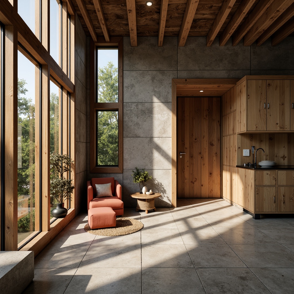 Prompt: Weathered wooden accents, reclaimed wood textures, earthy color palette, natural stone walls, exposed concrete structures, industrial metal frames, minimalist decor, functional simplicity, abundant natural light, soft warm ambiance, shallow depth of field, 1/1 composition, realistic material rendering, ambient occlusion.