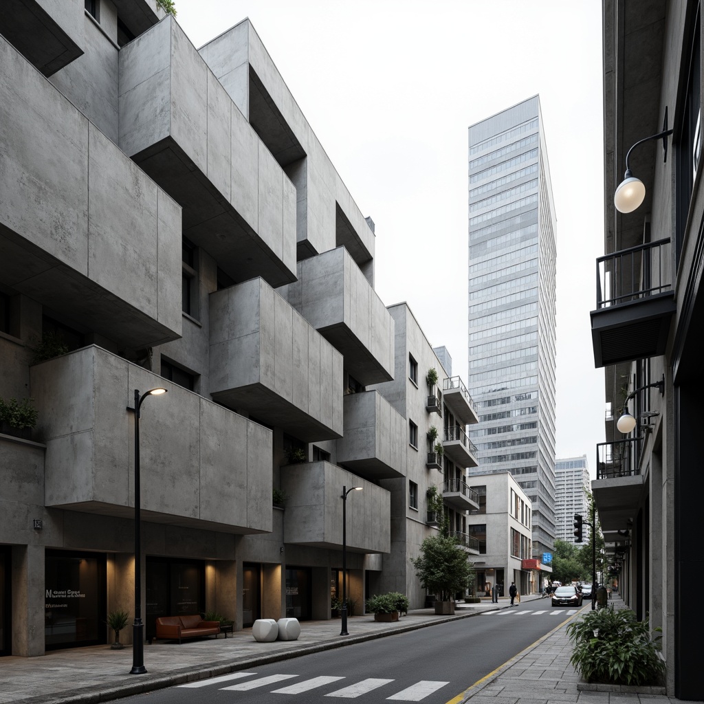 Prompt: Geometric buildings, brutalist architecture, raw concrete textures, industrial materials, minimalist decor, open floor plans, functional spaces, modular furniture, urban cityscape, busy streets, modern skyscrapers, abstract sculptures, monochromatic color scheme, high contrast lighting, dramatic shadows, 1/1 composition, symmetrical framing, stark atmospheric mood, realistic renderings.