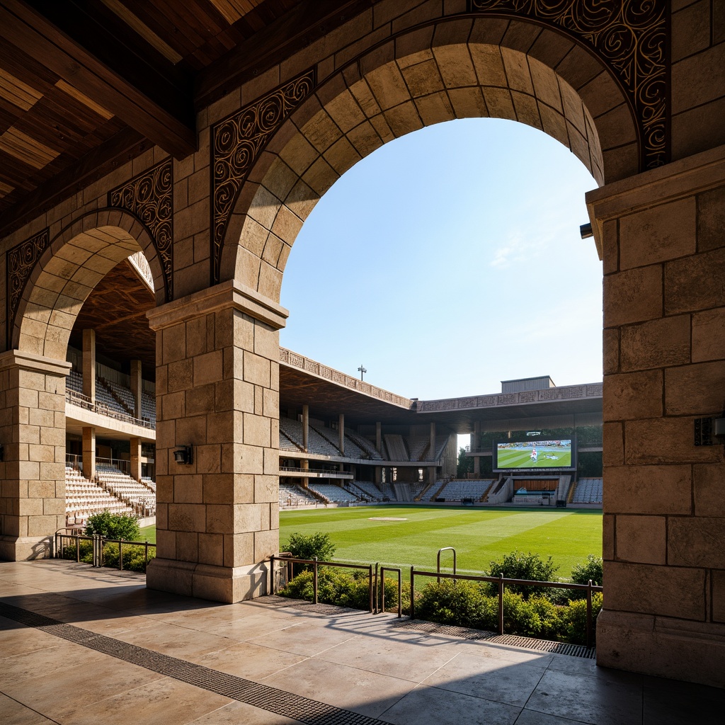 Prompt: Grand stadium architecture, rustic masonry walls, arches, columns, ornate stone carvings, textured brick facades, earthy tones, natural materials, imposing grandstands, tiered seating, lush green fields, athletic tracks, scoreboard displays, floodlighting, dramatic shadows, 1/2 composition, low-angle shot, realistic textures, ambient occlusion.