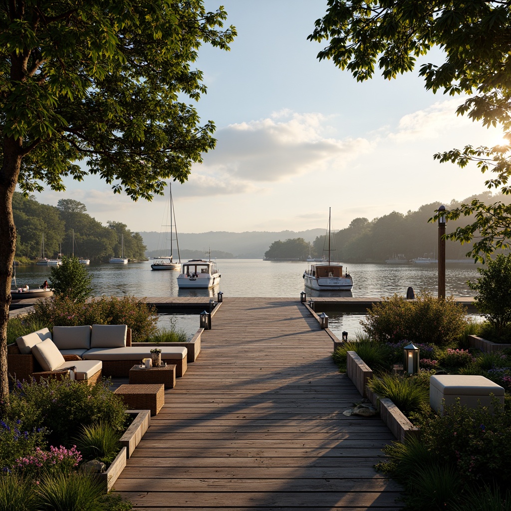 Prompt: Serene waterfront, rustic wooden dock, lush greenery, vibrant flowers, tranquil lake views, sailboats, kayaks, paddleboards, nautical ropes, weathered wood accents, natural stone pathways, lantern-style lighting, warm sunset glow, shallow depth of field, 3/4 composition, panoramic view, realistic textures, ambient occlusion, cozy outdoor seating areas, woven wicker furniture, plush cushions, soft warm lighting, misty morning atmosphere.