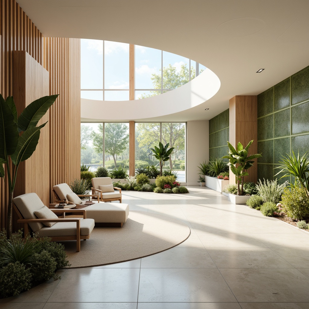 Prompt: Soothing healthcare facility, calming atmosphere, gentle curves, natural wood accents, soft pastel colors, creamy whites, pale blues, muted greens, warm beige tones, comforting textiles, plush furnishings, serene water features, lush green walls, abundant natural light, subtle gradient effects, shallow depth of field, 1/1 composition, realistic reflections, ambient occlusion.