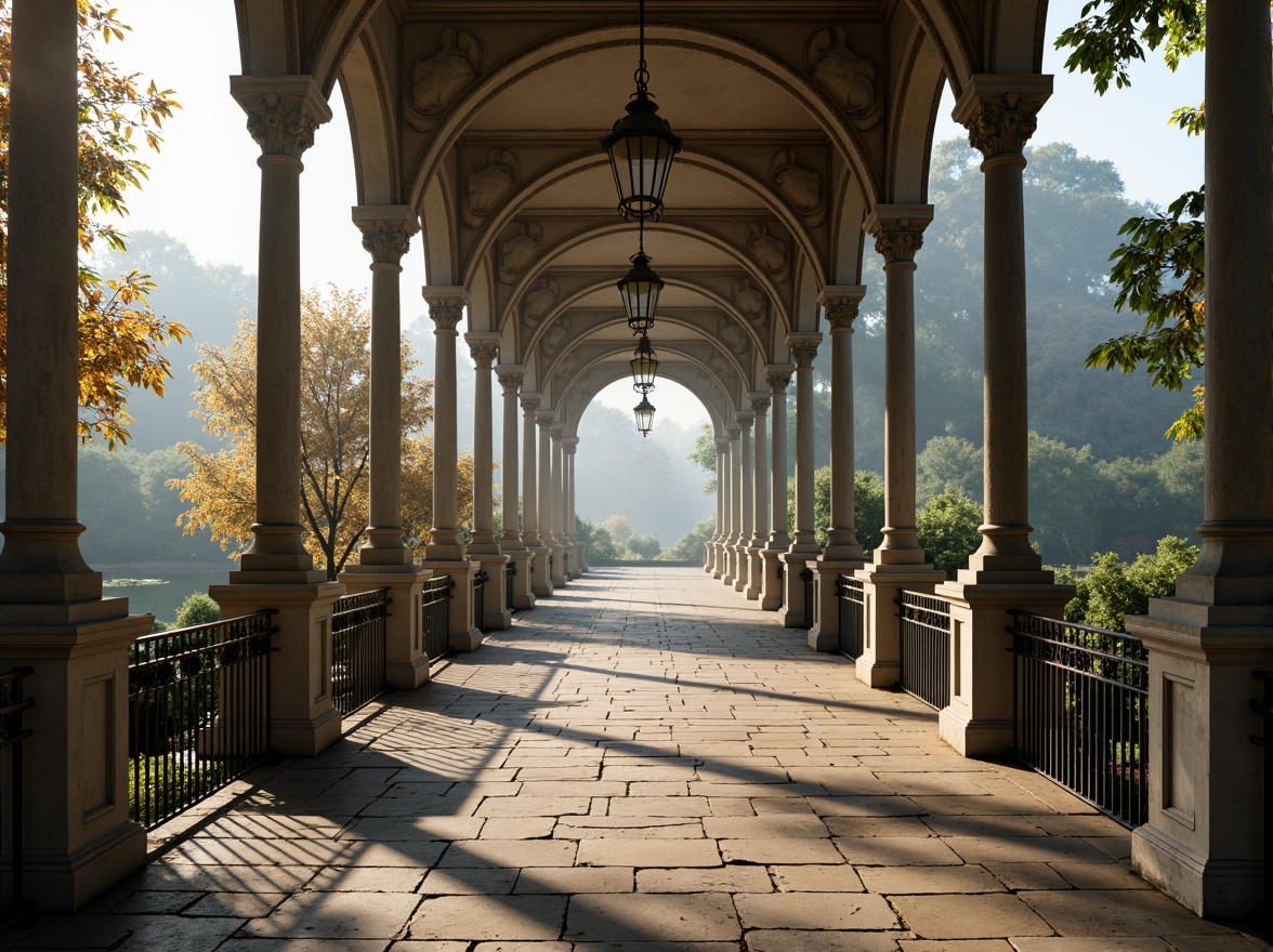 Prompt: Elegant pedestrian bridge, ornate iron railings, classicism-inspired arches, refined stone pillars, intricate carvings, ornamental lanterns, soft warm lighting, misty morning atmosphere, serene river views, lush greenery surroundings, natural stone walkways, decorative metalwork, subtle golden accents, symmetrical composition, shallow depth of field, 3/4 perspective, realistic textures, ambient occlusion.