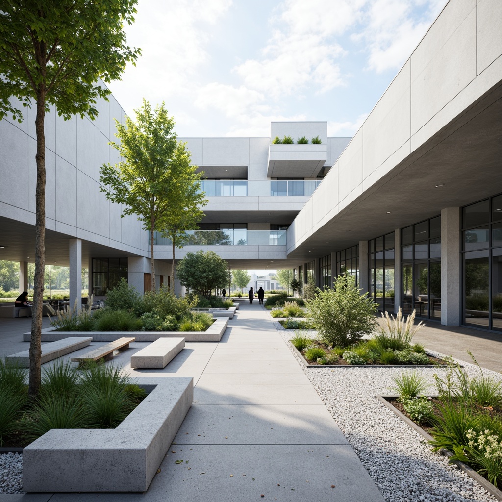 Prompt: Sleek science center, minimalist architecture, clean lines, simple forms, monochromatic color scheme, abundant natural light, open spaces, sparse vegetation, gravel pathways, modern benches, subtle water features, geometric planters, industrial materials, exposed ductwork, polished concrete floors, floor-to-ceiling windows, minimal ornamentation, functional design, sustainable systems, green roofs, solar panels, rainwater harvesting, serene atmosphere, soft diffused lighting, shallow depth of field, 3/4 composition, panoramic view, realistic textures, ambient occlusion.