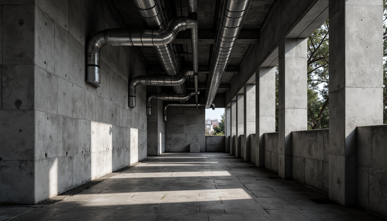 Prompt: Industrial concrete walls, exposed ductwork, metallic beams, urban cityscape, modern brutalist architecture, rough unfinished surfaces, monochromatic color palette, dramatic shadows, high contrast lighting, 1/2 composition, close-up shot, realistic textures, ambient occlusion.