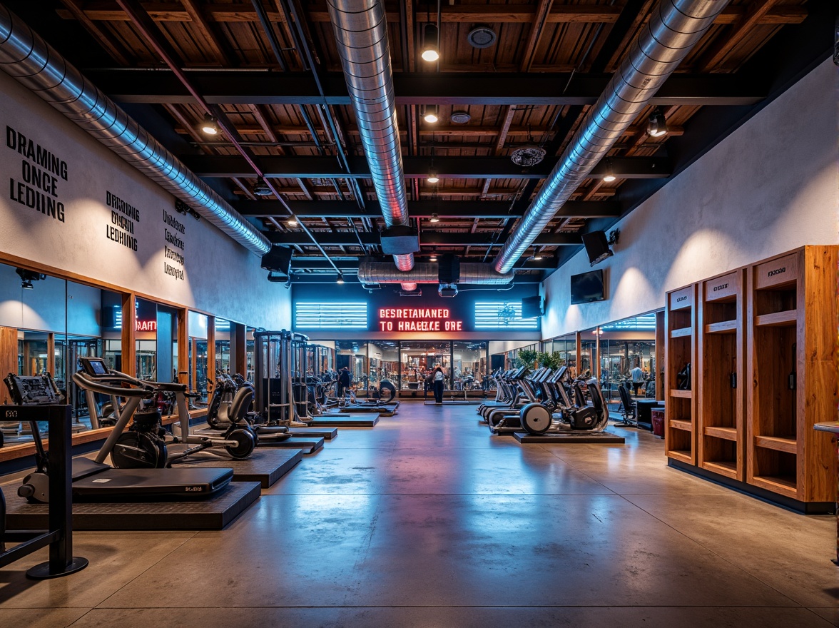 Prompt: Industrial chic fitness club, exposed ductwork, polished concrete floors, metallic accents, neon lighting, motivational quotes, modern gym equipment, free weights, cardio machines, mirrored walls, wooden lockers, urban loft-style ceilings, reclaimed wood features, industrial-style metal beams, vibrant color scheme, high-intensity lighting, dynamic shadows, 1/2 composition, dramatic angles, realistic textures, ambient occlusion.