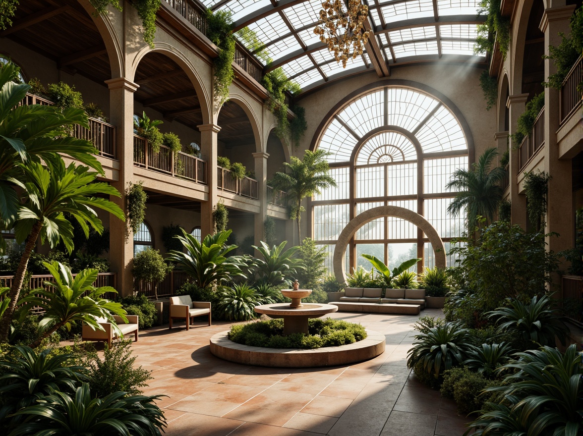 Prompt: Ornate greenhouse, lush tropical plants, delicate vines, intricate stone carvings, grandiose archways, ornamental fountains, soft warm natural lighting, diffused sunlight, misty atmosphere, rustic wooden beams, elegant chandeliers, lavish furnishings, velvet drapes, golden accents, Baroque-inspired ornaments, curved lines, symmetrical composition, shallow depth of field, 1/1 aspect ratio, realistic textures, ambient occlusion.