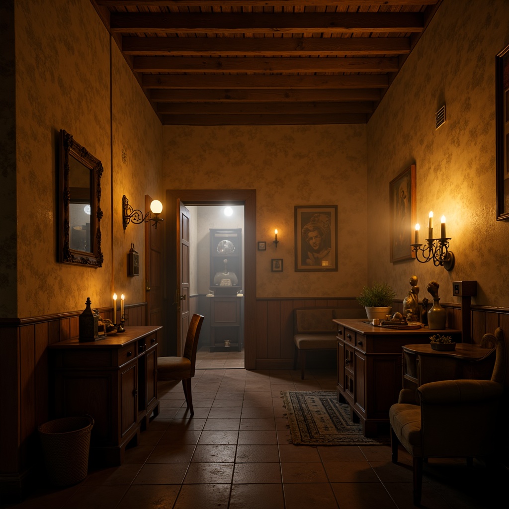 Prompt: Moody atmospheric scene, warm golden lighting, rich wood tones, earthy brown colors, soft beige textures, misty foggy background, mysterious dark shadows, vintage distressed walls, antique furniture pieces, ornate metal fixtures, dimly lit candles, cozy intimate setting, 1/2 composition, shallow depth of field, cinematic color grading.