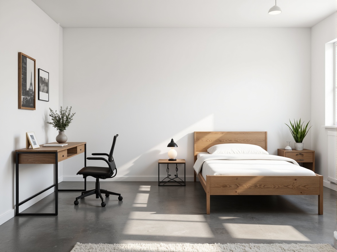 Prompt: Simple dorm room, minimal decor, monochromatic color scheme, sleek wooden furniture, low-profile bed frame, compact desk, ergonomic chair, geometric-shaped nightstand, industrial-style lighting fixtures, concrete floors, plain white walls, subtle textures, natural light, soft shadows, 1/1 composition, realistic rendering, ambient occlusion.