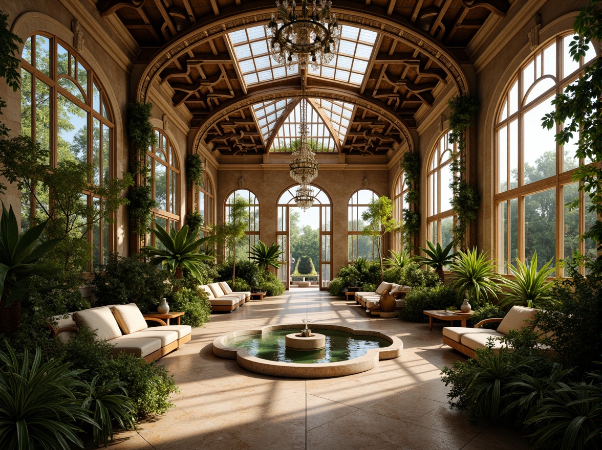 Prompt: Ornate greenhouse, lush tropical plants, delicate vines, intricate stone carvings, grandiose archways, ornamental fountains, soft natural lighting, warm golden tones, rustic wooden beams, elegant chandeliers, lavish furnishings, velvet drapes, rich textiles, Baroque-inspired patterns, curved lines, dramatic shadows, high contrast ratio, 1/2 composition, shallow depth of field, realistic reflections.