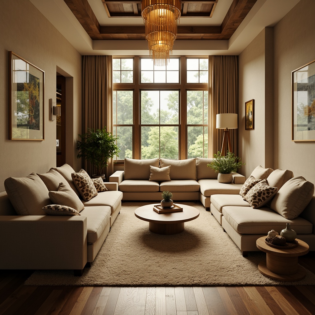 Prompt: Cozy living room, plush sofas, warm beige walls, rich wood flooring, soft golden lighting, comfortable throw pillows, modern minimalist decor, large windows, natural daylight, lush greenery views, elegant chandeliers, sophisticated color palette, calming atmosphere, shallow depth of field, 1/1 composition, realistic textures, ambient occlusion.