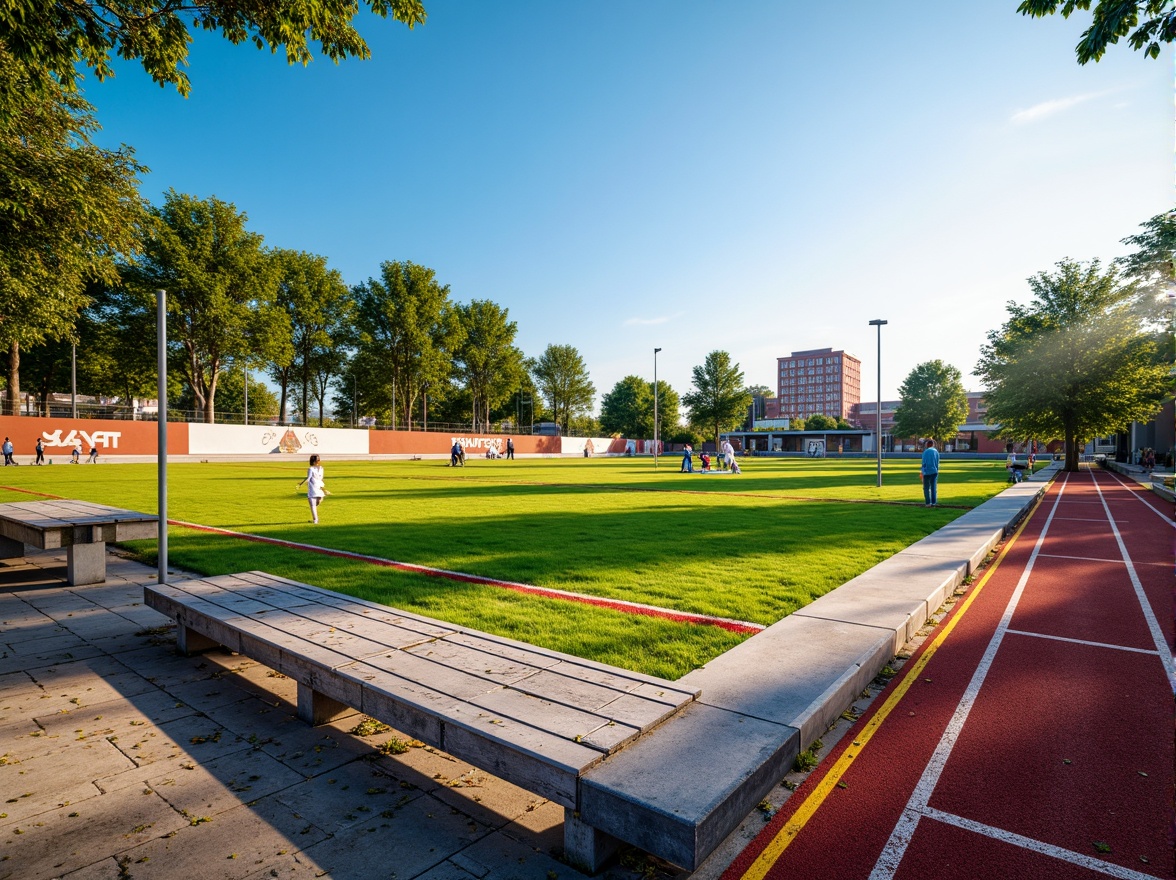 Prompt: Vibrant sports fields, eclectic mix of materials, contrasting textures, artificial turf, natural grass, weathered wood benches, metallic goalposts, colorful rubber tracks, bold graphic patterns, dynamic lighting, dramatic shadows, 1/1 composition, low-angle shot, realistic reflections, ambient occlusion, sunny day, soft warm atmosphere.