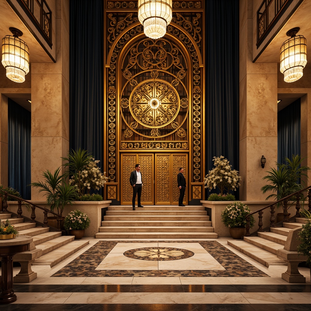 Prompt: Grandiose memorial center, ornate bronze doors, intricate geometric patterns, lavish chandeliers, opulent marble floors, ornamental metalwork, stylized floral motifs, luxurious velvet drapes, majestic stone columns, symmetrical architecture, grand staircases, dramatic lighting effects, warm golden tones, shallow depth of field, 1/2 composition, realistic textures, ambient occlusion.