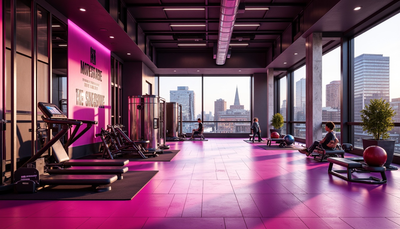 Prompt: Vibrant fuchsia accents, modern fitness equipment, sleek metal frames, rubber flooring, mirrored walls, energetic atmosphere, dynamic lighting, bold color blocking, abstract geometric patterns, motivational quotes, futuristic architecture, minimalist decor, high-ceiling spaces, natural stone features, industrial chic elements, urban cityscape views, early morning sunlight, soft focus blur, 1/1 composition, realistic textures, ambient occlusion.