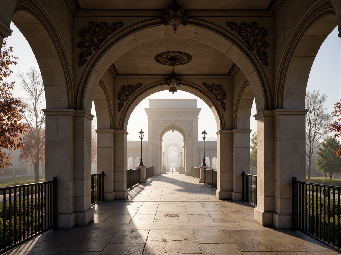 Prompt: Elegant pedestrian bridge, classical arches, ornate stone carvings, symmetrical composition, grand entrance, sweeping curves, refined metal railings, subtle lighting, misty morning atmosphere, soft warm glow, shallow depth of field, 1/1 composition, realistic textures, ambient occlusion.