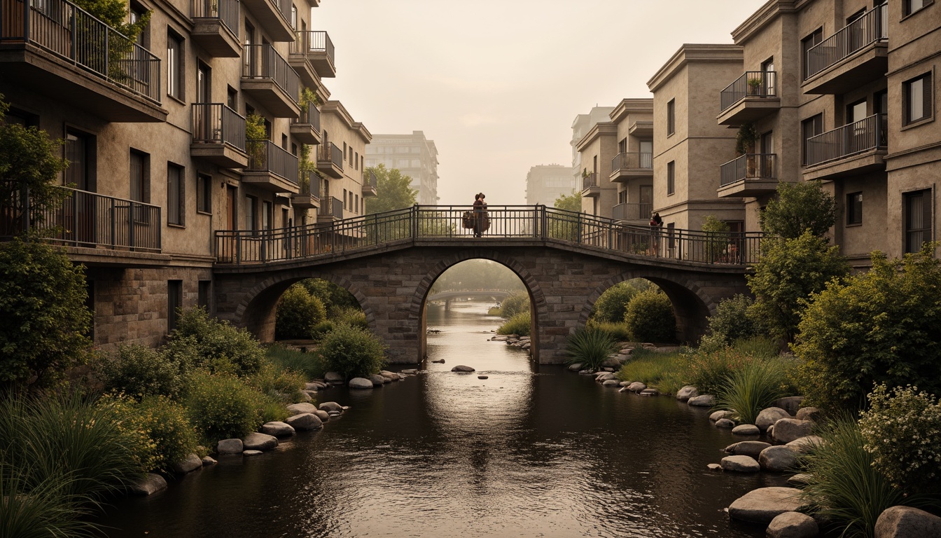 Prompt: Timeless bridge architecture, rustic stone walls, ornate metal railings, weathered wooden accents, earthy brown tones, muted greenery, soft misty atmosphere, warm golden lighting, subtle gradient effects, realistic textures, ambient occlusion, 1/1 composition, symmetrical framing, serene water reflections, gentle river flow, lush vegetation, natural stone piers, classic ornamental details, elegant arches, refined lines, sophisticated simplicity.