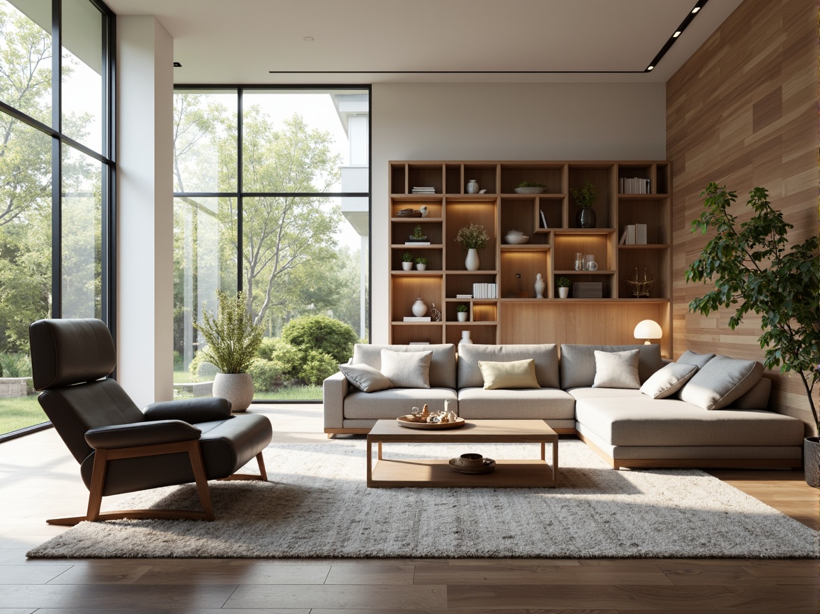 Prompt: Modern minimalist living room, sleek low-profile furniture, neutral color palette, textured rugs, floor-to-ceiling windows, natural light pouring in, airy atmosphere, functional storage solutions, hidden compartments, multi-functional spaces, cozy reading nooks, built-in shelving units, geometric patterned wallpaper, ambient warm lighting, 1/1 composition, shallow depth of field, realistic textures.