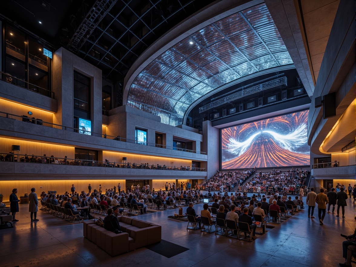 Prompt: Curved auditorium design, resonant sound waves, acoustic panels, reverberation chambers, experimental architecture, futuristic interior, sleek metallic surfaces, LED lighting installations, dynamic sound systems, 3D audio visualizations, immersive experiences, minimalist seating arrangements, polished concrete floors, geometric ceiling patterns, diffused natural light, shallow depth of field, 1/2 composition, cinematic views, realistic textures, ambient occlusion.