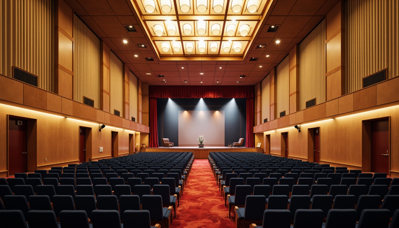 Prompt: Elegant auditorium interior, rich wood tones, warm beige walls, deep blue seats, golden lighting fixtures, sophisticated sound systems, acoustic panels, plush red carpets, dramatic stage lighting, grand chandeliers, ornate architectural details, luxurious velvet curtains, soft cream-colored ceilings, subtle texture contrasts, 1/2 composition, atmospheric misty lighting, realistic material reflections.