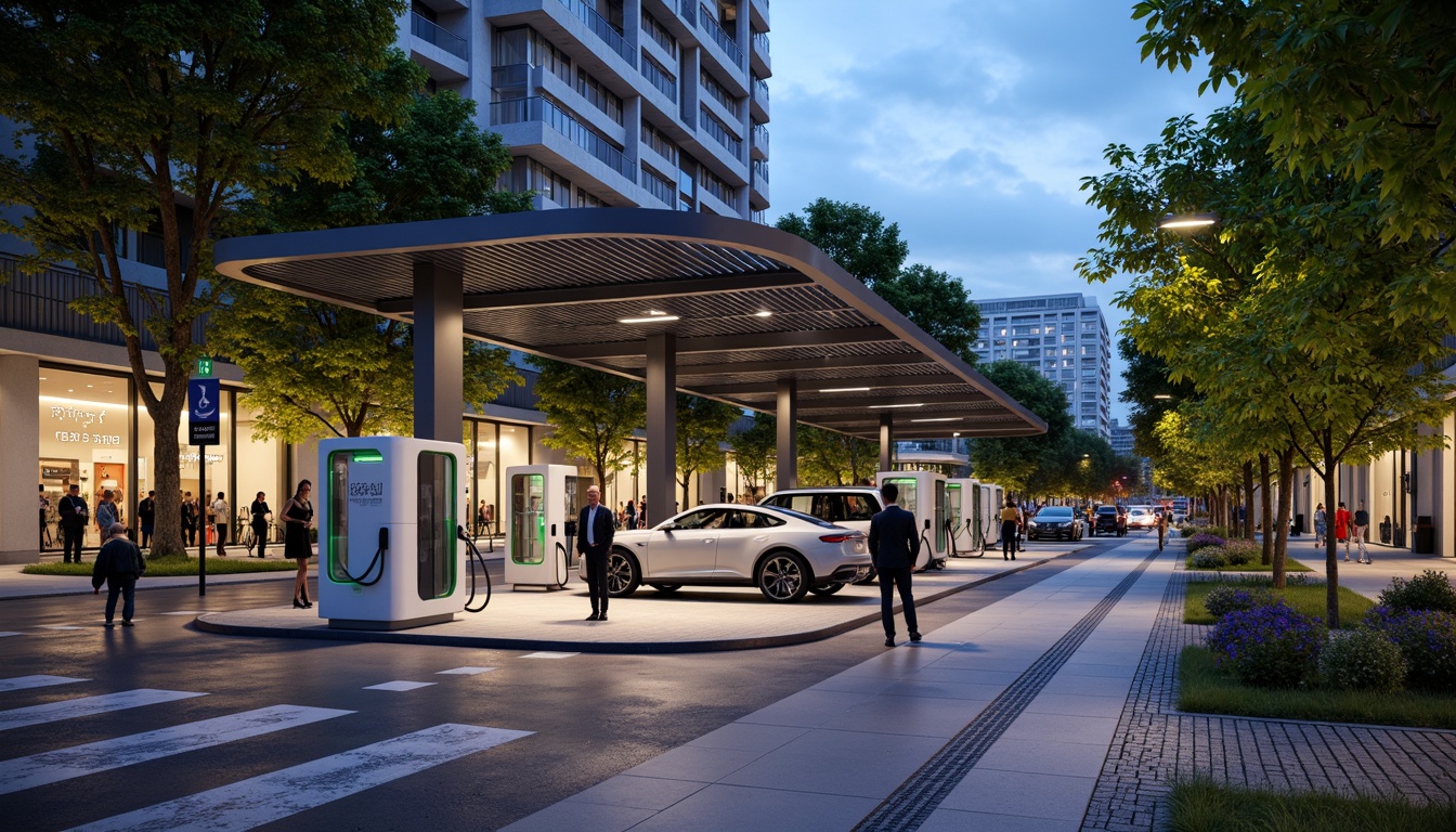 Prompt: Electric vehicle charging station, modern minimalist design, sleek metal canopies, solar panels, green roofs, eco-friendly materials, innovative cooling systems, shaded outdoor spaces, misting systems, vibrant colorful accents, intricate geometric patterns, urban cityscape, busy streets, pedestrian walkways, bike lanes, streetlights, nighttime ambiance, soft warm lighting, shallow depth of field, 3/4 composition, panoramic view, realistic textures, ambient occlusion.