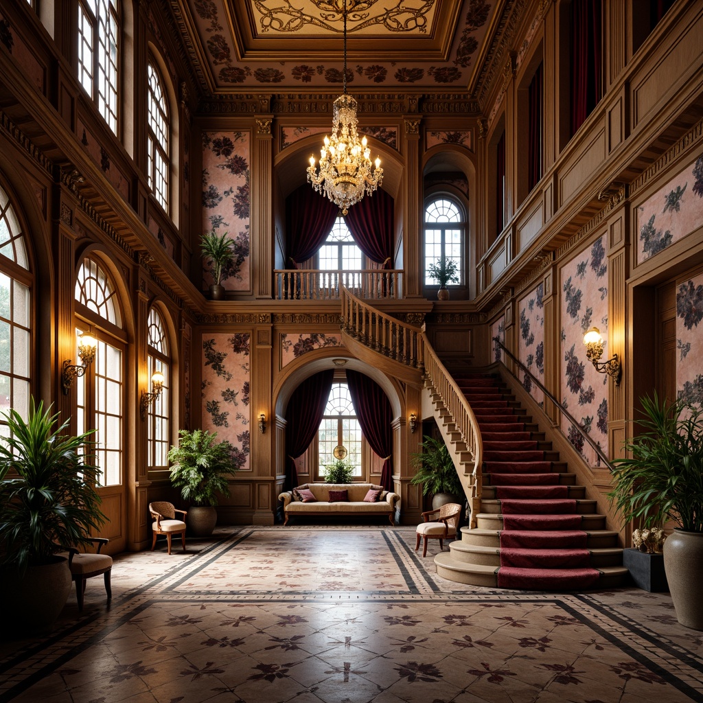 Prompt: Intricate Victorian-era mansion, ornate facades, grand entranceways, carved wooden doors, stained glass windows, patterned tile floors, lavish chandeliers, gilded moldings, floral motifs, curved staircases, luxurious velvet drapes, richly textured wallpapers, warm golden lighting, shallow depth of field, 1/1 composition, realistic renderings, ambient occlusion.