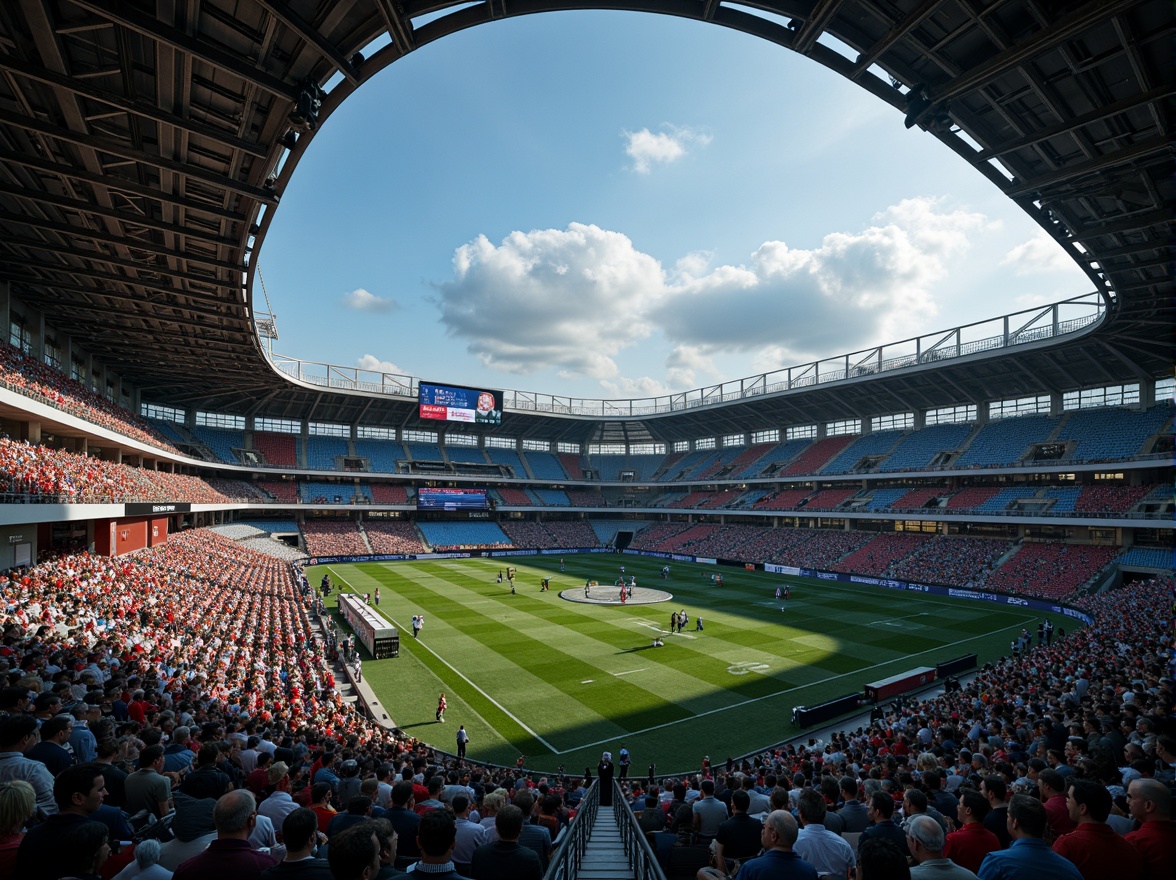 Prompt: Grandiose football stadium, ornate facades, intricate stone carvings, majestic arches, vibrant team colors, gleaming metal accents, luxurious VIP suites, expansive concourses, state-of-the-art scoreboards, lush green grass, dynamic lighting systems, dramatic shadows, 1/2 composition, low-angle shot, cinematic atmosphere, realistic reflections, ambient occlusion.