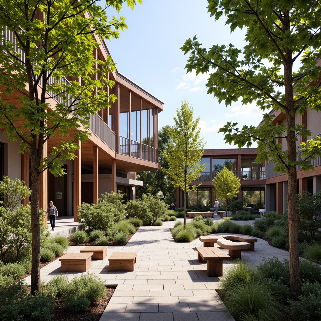 Prompt: \Visitor center courtyard, natural stone paving, lush greenery, native plant species, meandering walkways, educational signage, interactive exhibits, outdoor seating areas, wooden benches, rustic metal railings, modern architecture, large windows, glass doors, cantilevered roofs, sunny day, soft warm lighting, shallow depth of field, 3/4 composition, panoramic view, realistic textures, ambient occlusion.\