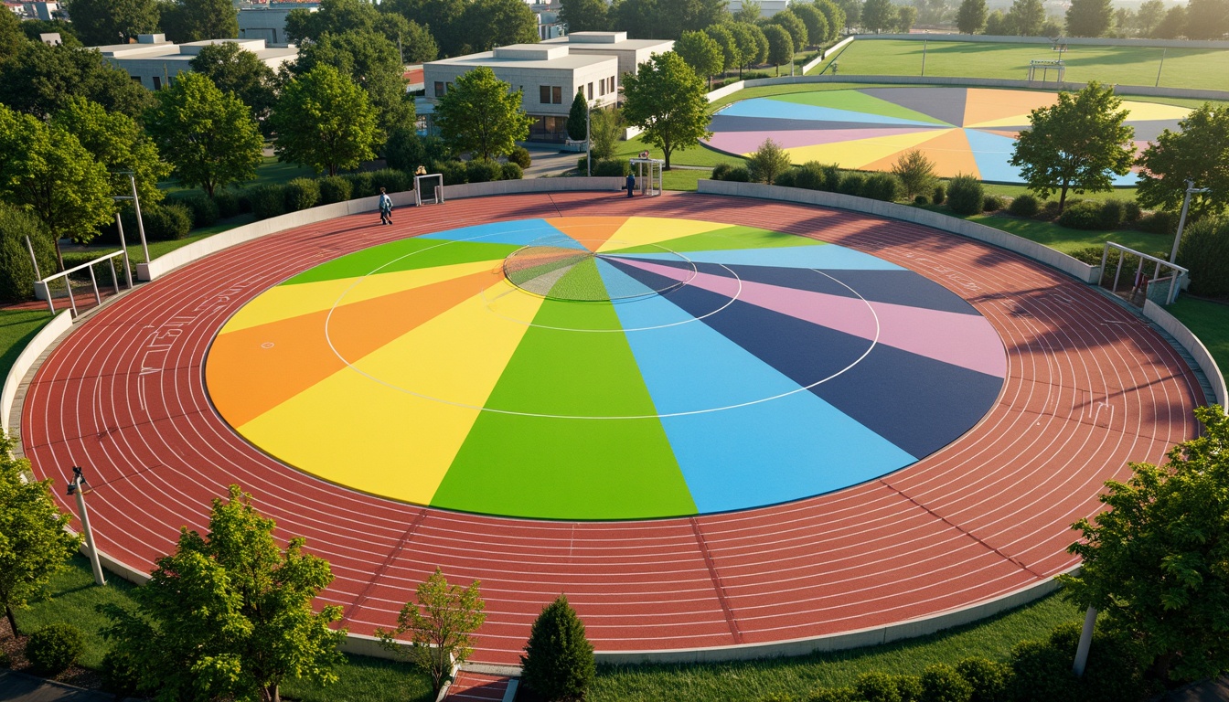 Prompt: Vibrant sports fields, eclectic color palette, bold stripes, bright yellows, deep blues, energetic oranges, lime greens, dynamic patterns, abstract shapes, modern athletic facilities, sleek track lanes, professional soccer goals, basketball courts, tennis nets, baseball diamonds, lush green grass, natural earthy tones, sunny day, soft warm lighting, shallow depth of field, 3/4 composition, panoramic view, realistic textures, ambient occlusion.