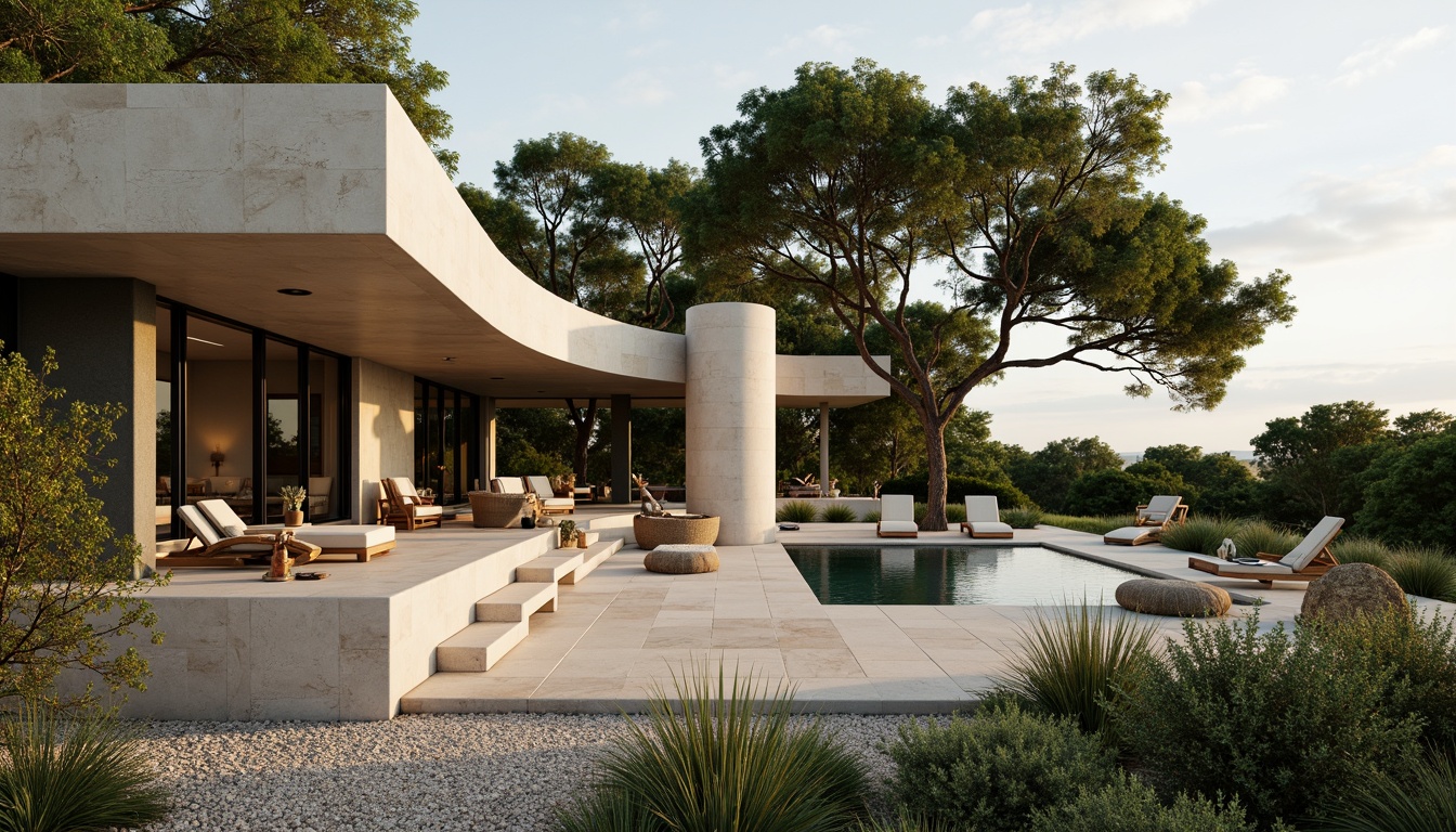 Prompt: Lush greenery, curved lines, minimalist villa, modernist architecture, sleek stone walls, large windows, sliding glass doors, infinity pool, sunken seating area, outdoor fireplace, ambient lighting, warm beige tones, natural textures, Mediterranean plants, olive trees, succulents, gravel pathways, wooden decks, cantilevered roofs, panoramic views, shallow depth of field, 3/4 composition, realistic rendering.