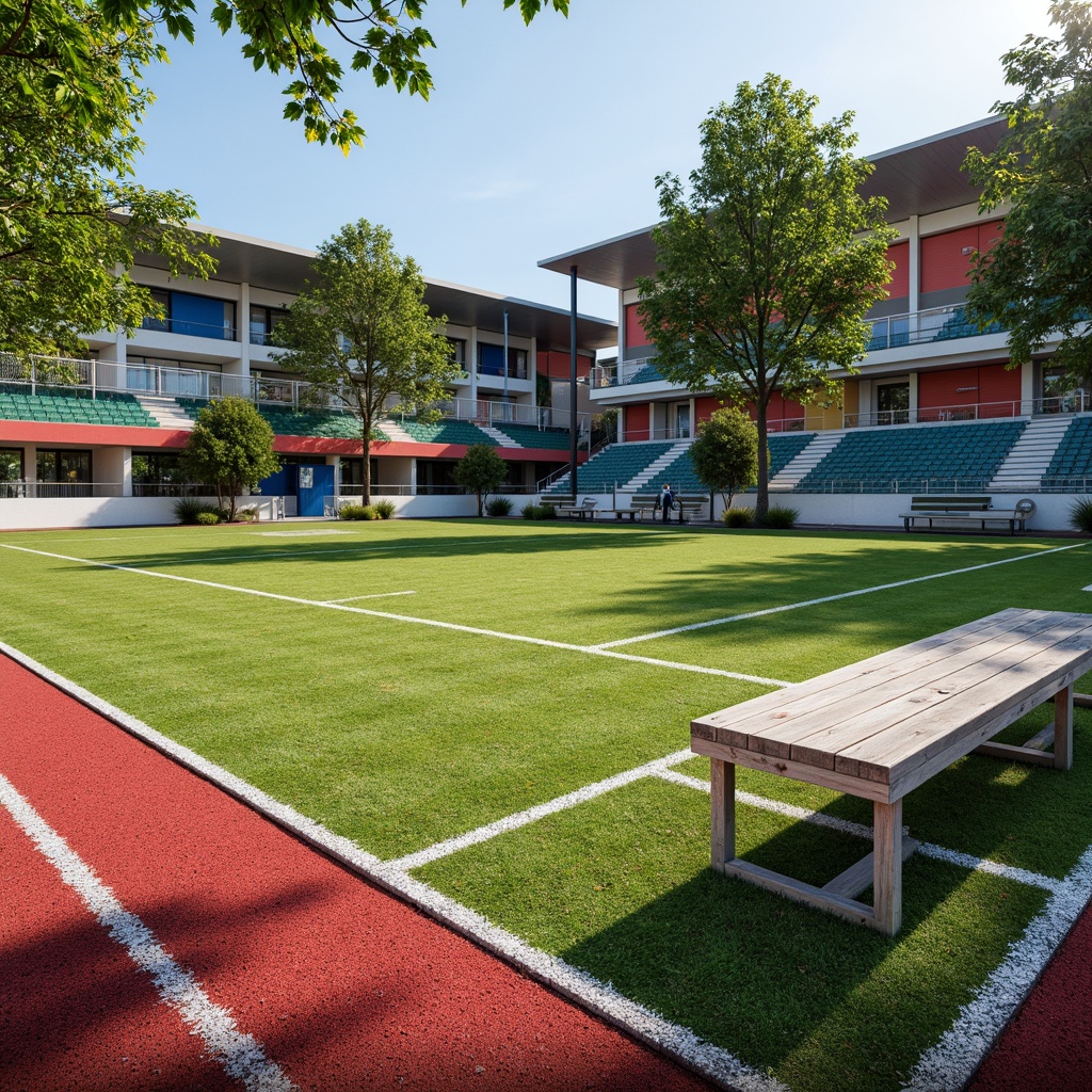 Prompt: Vibrant sports fields, eclectic mix of materials, contrasting textures, artificial turf, natural grass, weathered wood benches, metallic goalposts, colorful rubber tracks, bold graphic patterns, dynamic lighting, dramatic shadows, 1/1 composition, low-angle shot, realistic reflections, ambient occlusion, sunny day, soft warm atmosphere.