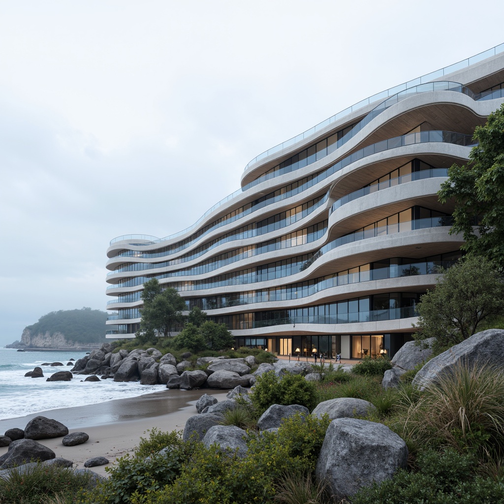 Prompt: Organic coastal office building, wavy lines, undulating curves, shell-inspired fa\u00e7ade, ocean-blue glass, driftwood accents, sea-salt weathered stone, beachy textures, natural ventilation systems, cantilevered floors, panoramic ocean views, soft diffused lighting, 1/1 composition, atmospheric perspective, misty morning atmosphere, seagull sounds, subtle color palette, eco-friendly materials, sustainable energy harvesting systems, green roofs, living walls, adaptive reuse of existing structures.