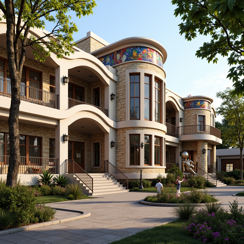 Prompt: Ornate elementary school building, flowing organic lines, sinuous curves, vibrant colorful tiles, stained glass windows, intricate metalwork, ornamental railings, grand entrance archways, lush greenery, blooming flowers, natural stone walls, warm beige brick facades, decorative ceramic accents, playful sculptures, whimsical murals, soft warm lighting, shallow depth of field, 3/4 composition, panoramic view, realistic textures, ambient occlusion.