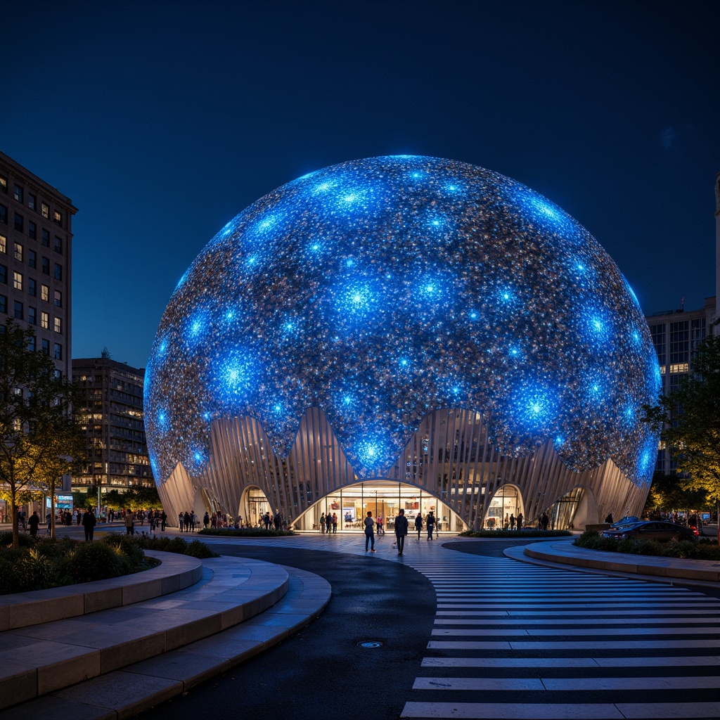 Prompt: Glowing planetarium dome, futuristic facade design, sleek metallic surfaces, neon-lit celestial patterns, starry night sky, modernist architecture, curved lines, geometric shapes, minimalist aesthetic, LED light installations, ambient lighting effects, shallow depth of field, 1/1 composition, panoramic view, realistic textures, ambient occlusion, urban cityscape, bustling streets, vibrant nightlife, cosmopolitan atmosphere.