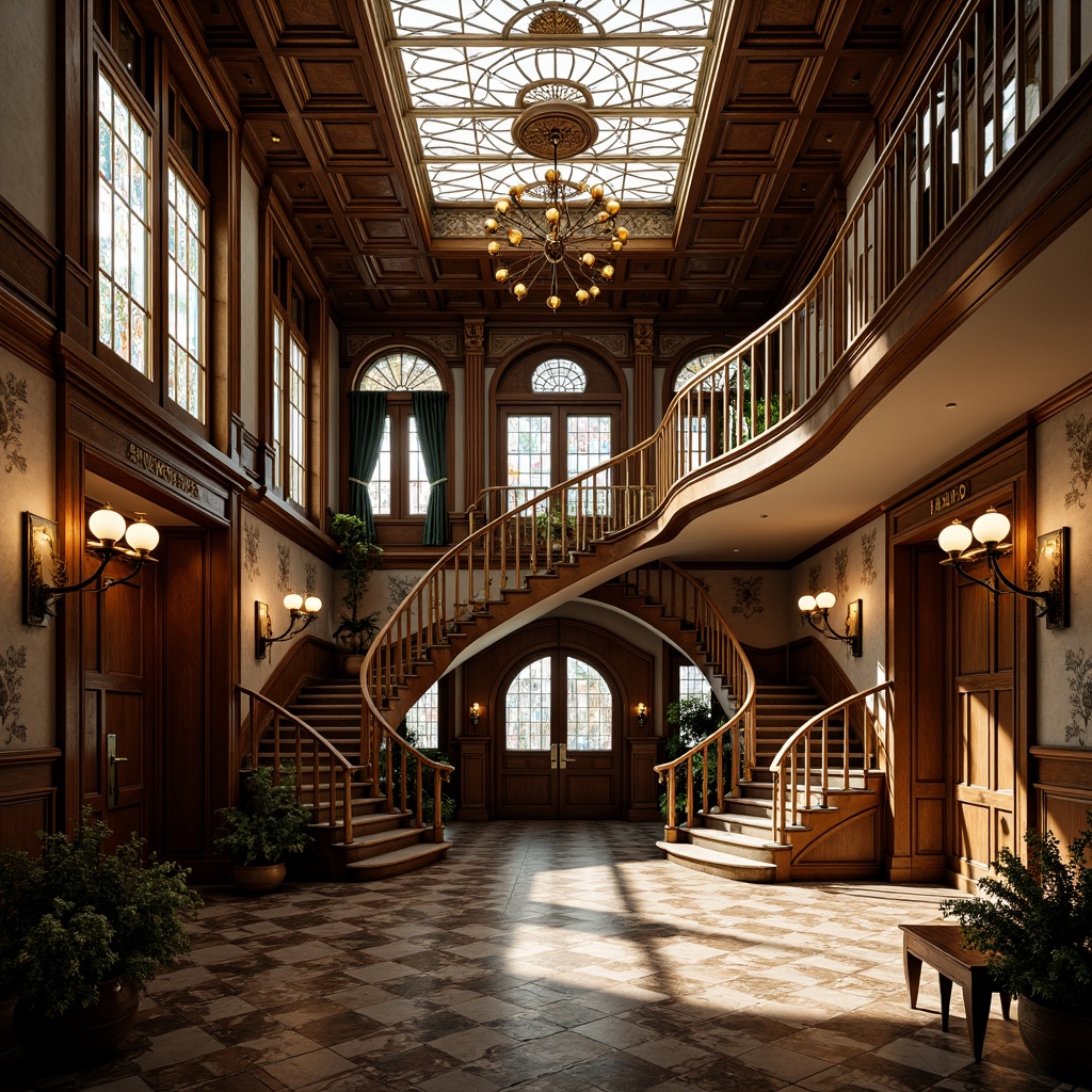 Prompt: Intricate Victorian-era mansion, ornate facades, grand entranceways, carved wooden doors, stained glass windows, patterned tile floors, lavish chandeliers, gilded moldings, floral motifs, curved staircases, luxurious velvet drapes, richly textured wallpapers, warm golden lighting, shallow depth of field, 1/1 composition, realistic renderings, ambient occlusion.