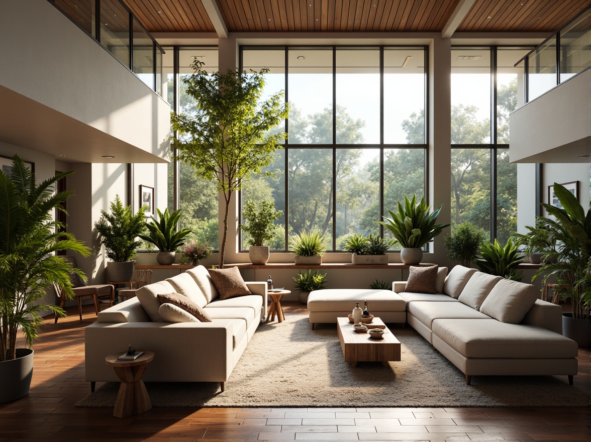 Prompt: Spacious open plan living area, high ceilings, large windows, natural light pouring in, comfortable seating areas, plush sofas, wooden coffee tables, vibrant greenery, potted plants, soft warm lighting, shallow depth of field, 3/4 composition, panoramic view, realistic textures, ambient occlusion, modern minimalist decor, sleek lines, calm color palette, acoustic panels, sound-absorbing materials, ergonomic furniture design, flowing traffic paths, visual connections between spaces.