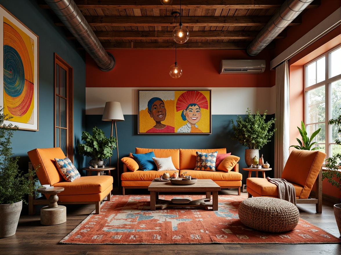 Prompt: Vibrant artistic studio, eclectic furniture, bold color blocking, contrasting textures, abstract artwork, statement lighting fixtures, industrial metal accents, reclaimed wood floors, bohemian-inspired rugs, natural fiber textiles, earthy tone ceramics, warm golden lighting, shallow depth of field, 1/1 composition, realistic renderings, ambient occlusion.