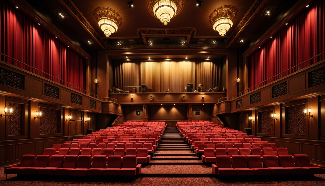 Prompt: Luxurious auditorium interior, rich velvet curtains, warm golden lighting, dark wood accents, plush red seats, ornate metal details, grand chandeliers, sophisticated sound systems, acoustic panels, dramatic spotlights, soft carpeting, elegant staircases, refined architectural lines, subtle texture contrasts, atmospheric ambiance, 1/2 composition, cinematic lighting, realistic reflections.