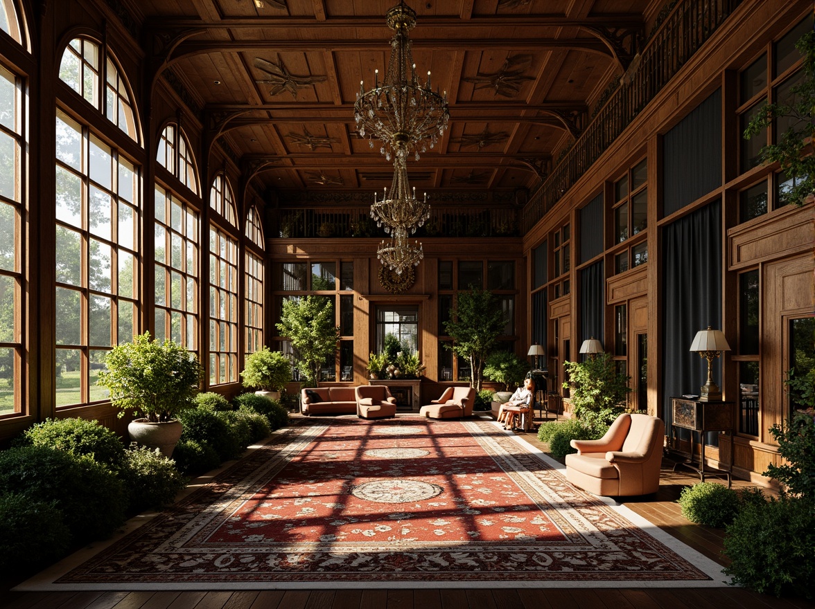 Prompt: Intricate ironwork, lush greenery, ornate wooden accents, grandiose chandeliers, lavish furnishings, velvet drapes, gilded frames, intricate stone carvings, curved lines, ornamental patterns, rich textiles, warm golden lighting, soft focus, shallow depth of field, 1/1 composition, intimate atmosphere, realistic reflections, ambient occlusion.