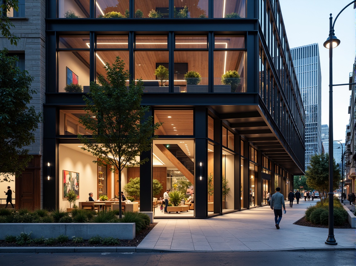 Prompt: Modern building facade, exposed steel beams, industrial chic aesthetic, polished concrete floors, minimalist decor, urban cityscape, bustling streets, vibrant street art, eclectic mix of old and new architecture, cantilevered roofs, asymmetrical compositions, dramatic lighting effects, high-contrast shadows, 1/2 composition, wide-angle lens, cinematic atmosphere, realistic textures, ambient occlusion.