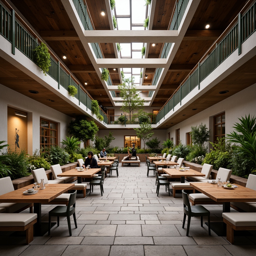 Prompt: Fragmented dining hall, modern architecture, angular lines, minimalist design, open floor plan, communal seating, wooden tables, metal chairs, pendant lighting, natural stone flooring, green walls, living plants, warm color scheme, cozy atmosphere, soft background music, shallow depth of field, 1/1 composition, realistic textures, ambient occlusion.