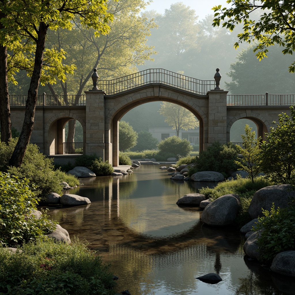 Prompt: Rustic stone bridges, ornate metal railings, lush greenery, serene water reflections, natural rock formations, gentle streams, peaceful countryside, classicism-inspired architecture, symmetrical compositions, grand arches, elegant columns, soft warm lighting, misty morning atmosphere, shallow depth of field, 1/2 composition, realistic textures, ambient occlusion.