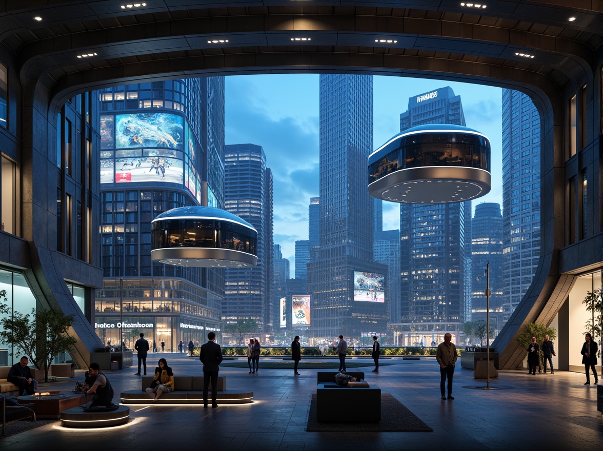 Prompt: Futuristic cityscape, sleek skyscrapers, neon lights, holographic advertisements, levitating transportation pods, curved lines, minimalist interior design, metallic surfaces, glass facades, cantilevered structures, open floor plans, modular furniture, ambient lighting, 3D projections, virtual reality interfaces, augmented reality displays, cyberpunk atmosphere, high-tech gadgets, robotic assistants, space-age materials, zero-gravity environments, panoramic views, shallow depth of field, cinematic composition.